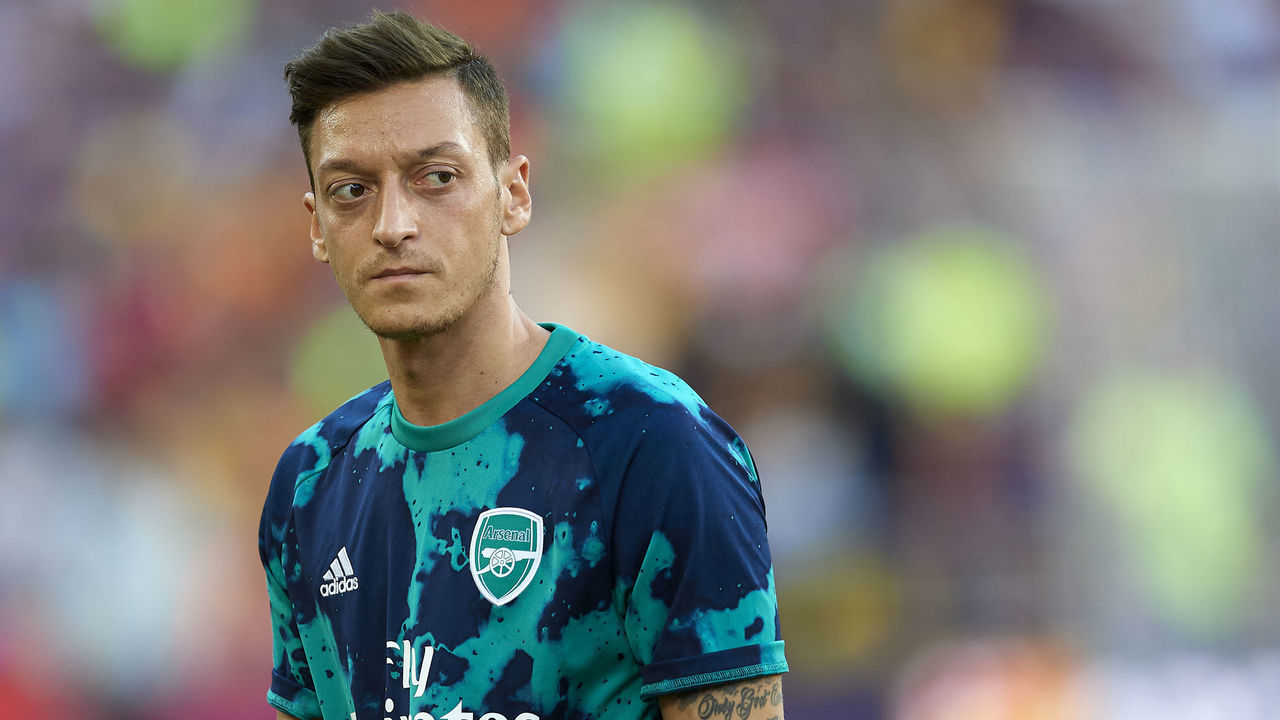 Mesut Ozil of Asenal during the warm-up before the Joan Gamper trophy match between FC Barcelona and Arsenal at Nou Camp on August 4, 2019 in Barcelona, Spain.