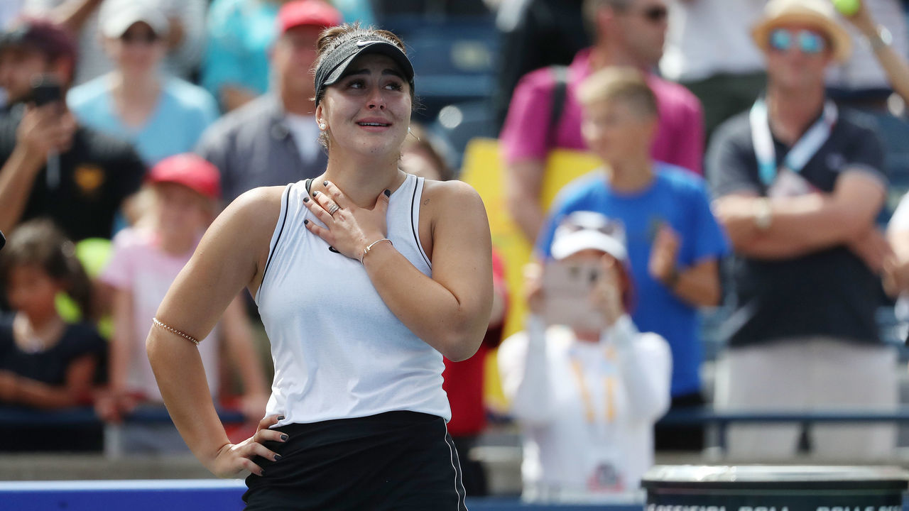 TORONTO, ON- AUGUST 10 - Bianca Andreescu from Toronto celebrates as she defeats Sofia Kenin to become the first Canadian woman in 50 years to reach the finals at Rogers Cup at Aviva Centre in Toronto. August 10, 2019. (Steve Russell/Toronto Star via Getty Images)