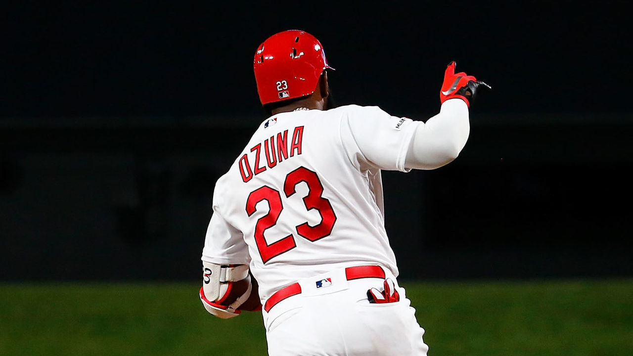 ST LOUIS, MO - AUGUST 09: Marcell Ozuna #23 of the St. Louis Cardinals rounds first base after hitting a two-run home run against the Pittsburgh Pirates in the eighth inning at Busch Stadium on August 9, 2019 in St Louis, Missouri.