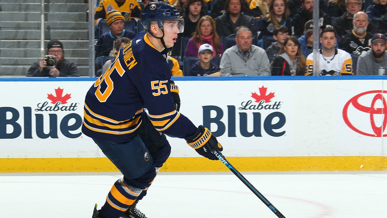 BUFFALO, NY - MARCH 14: Rasmus Ristolainen #55 of the Buffalo Sabres controls the puck during an NHL game against the Pittsburgh Penguins on March 14, 2019 at KeyBank Center in Buffalo, New York.