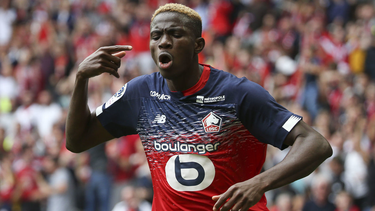 LILLE, FRANCE - AUGUST 11: Victor Osimhen of Lille celebrates his goal during the French Ligue 1 match between Lille OSC (LOSC) and FC Nantes at Stade Pierre Mauroy on August 11, 2019 in Villeneuve d'Ascq near Lille, France.