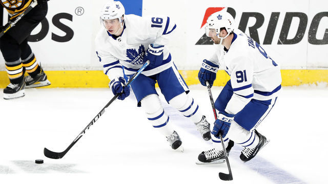 BOSTON, MA - APRIL 19: Toronto Maple Leafs right wing Mitchell Marner (16) and Toronto Maple Leafs center John Tavares (91) head up ice during Game 5 of the First Round Stanley Cup Playoffs between the Boston Bruins and the Toronto Maple Leafs on April 19, 2019, at TD garden in Boston, Massachusetts.