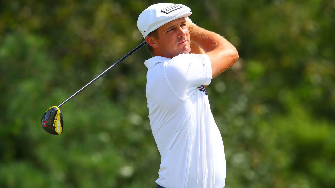 JERSEY CITY, NJ - AUGUST 11: Bryson DeChambeau on the 16th tee during the final round of the Northern Trust golf tournament on August 11, 2019 at Liberty National Golf Club in Jersey City, NJ.