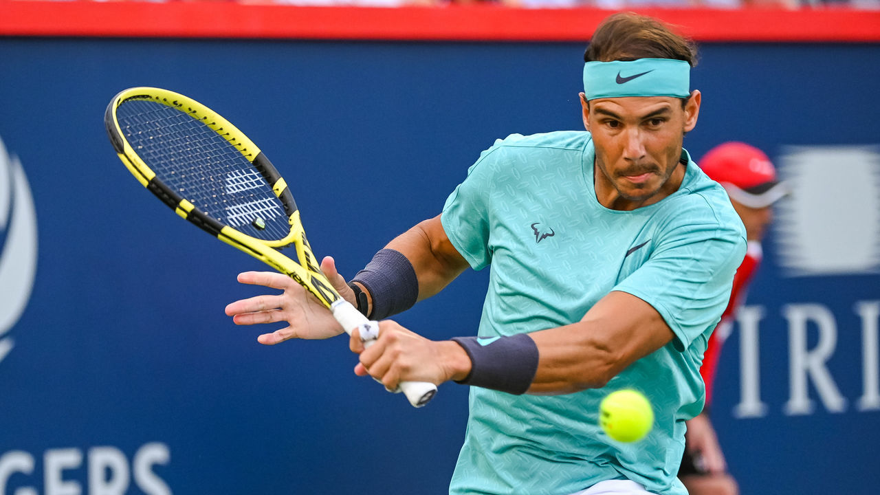 MONTREAL, QC - AUGUST 09: Rafael Nadal (ESP) returns the ball with a backhand shot during the ATP Coupe Rogers quarterfinal match on August 9, 2019 at IGA Stadium in Montréal, QC
