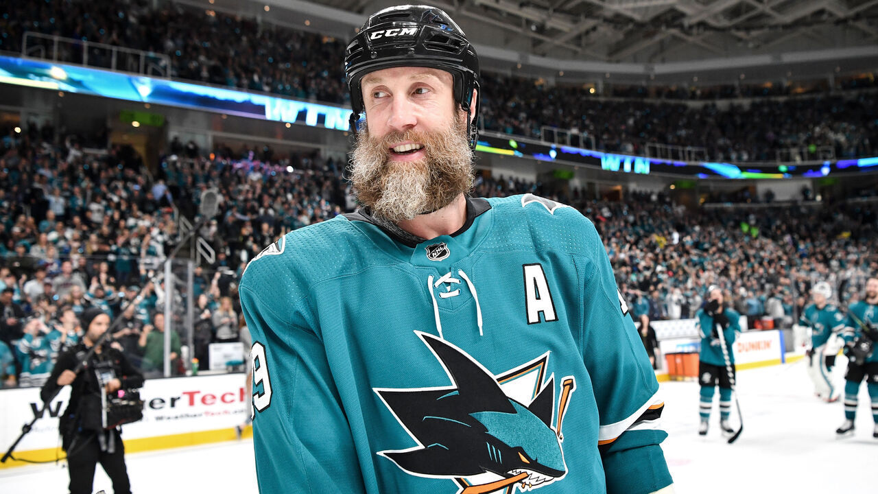 SAN JOSE, CA - MAY 08: Joe Thornton #19 of the San Jose Sharks celebrates the win against the Colorado Avalanche in Game Seven of the Western Conference Second Round during the 2019 NHL Stanley Cup Playoffs at SAP Center on May 8, 2019 in San Jose, California