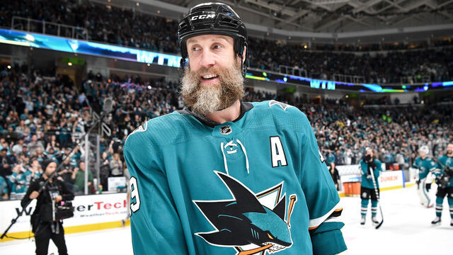 SAN JOSE, CA - MAY 08: Joe Thornton #19 of the San Jose Sharks celebrates the win against the Colorado Avalanche in Game Seven of the Western Conference Second Round during the 2019 NHL Stanley Cup Playoffs at SAP Center on May 8, 2019 in San Jose, California