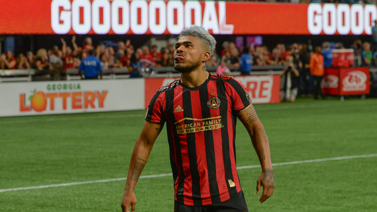 ATLANTA, GA AUGUST 011: Atlanta's Josef Martinez (7) looks into the crowd after he scored a first half goal during the MLS match between New York City FC and Atlanta United FC on August 11th, 2019 at Mercedes-Benz Stadium in Atlanta, GA.