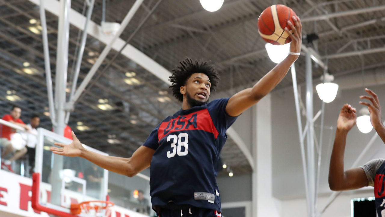 LAS VEGAS, NV - AUGUST 07: Marvin Bagley III handles the ball during the 2019 USA Basketball Men's National Team Training Camp at Mendenhall Center on the University of Nevada, Las Vegas campus on August 07, 2019 in Las Vegas Nevada. NOTE TO USER: User expressly acknowledges and agrees that, by downloading and/or using this Photograph, user is consenting to the terms and conditions of the Getty Images License Agreement. Mandatory Copyright Notice: Copyright 2019 NBAE (Nathaniel S. Butler/NBAE via Getty Images)