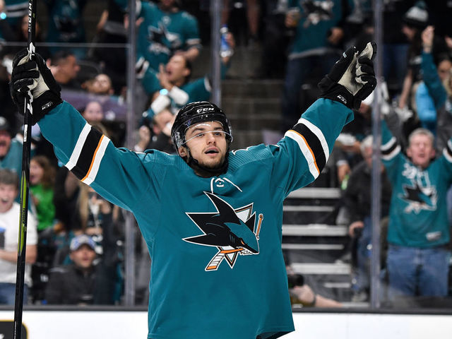 SAN JOSE, CA - APRIL 26: Kevin Labanc #62 of the San Jose Sharks celebrates scoring a goal against the Colorado Avalanche in Game One of the Western Conference Second Round during the 2019 NHL Stanley Cup Playoffs at SAP Center on April 26, 2019 in San Jose, California