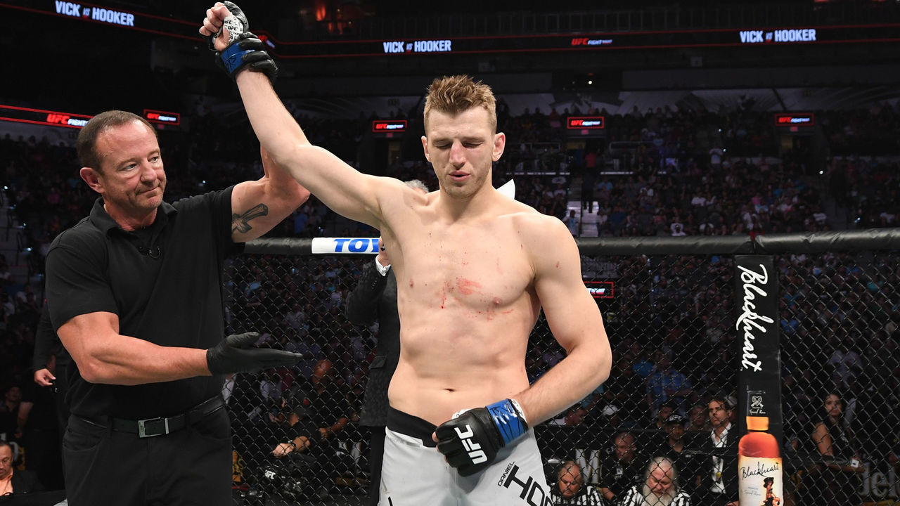 SAN ANTONIO, TEXAS - JULY 20: Dan Hooker of New Zealand reacts after knocking out James Vick in their lightweight bout during the UFC Fight Night event at AT&T Center on July 20, 2019 in San Antonio, Texas.