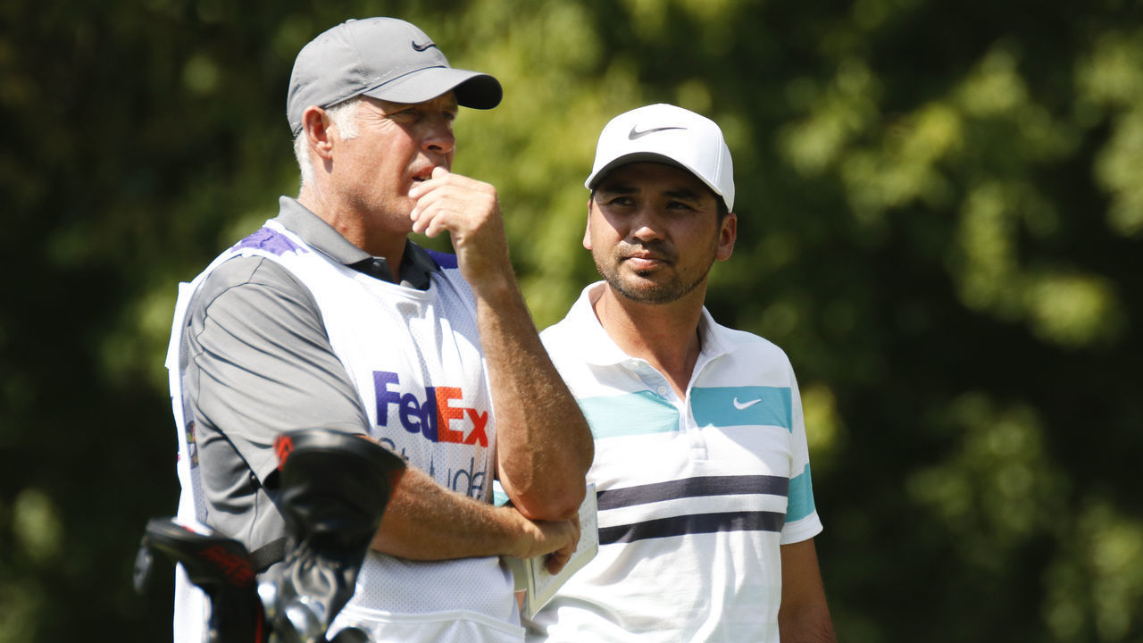 MEMPHIS, TN - JULY 26: Jason Day with caddie Steve Williams during the second round of the World Golf Championships - FedEx St. Jude Invitational on July 26, 2019 at TPC Southwind in Memphis, Tennessee.