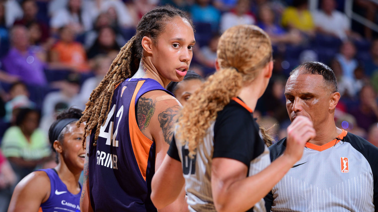 PHOENIX, AZ- AUGUST 10: Brittney Griner #42 of the Phoenix Mercury looks on during the game against the Dallas Wings on August 10, 2019 at the Talking Stick Resort Arena, in Phoenix, Arizona. Mandatory Copyright Notice: Copyright 2019 NBAE