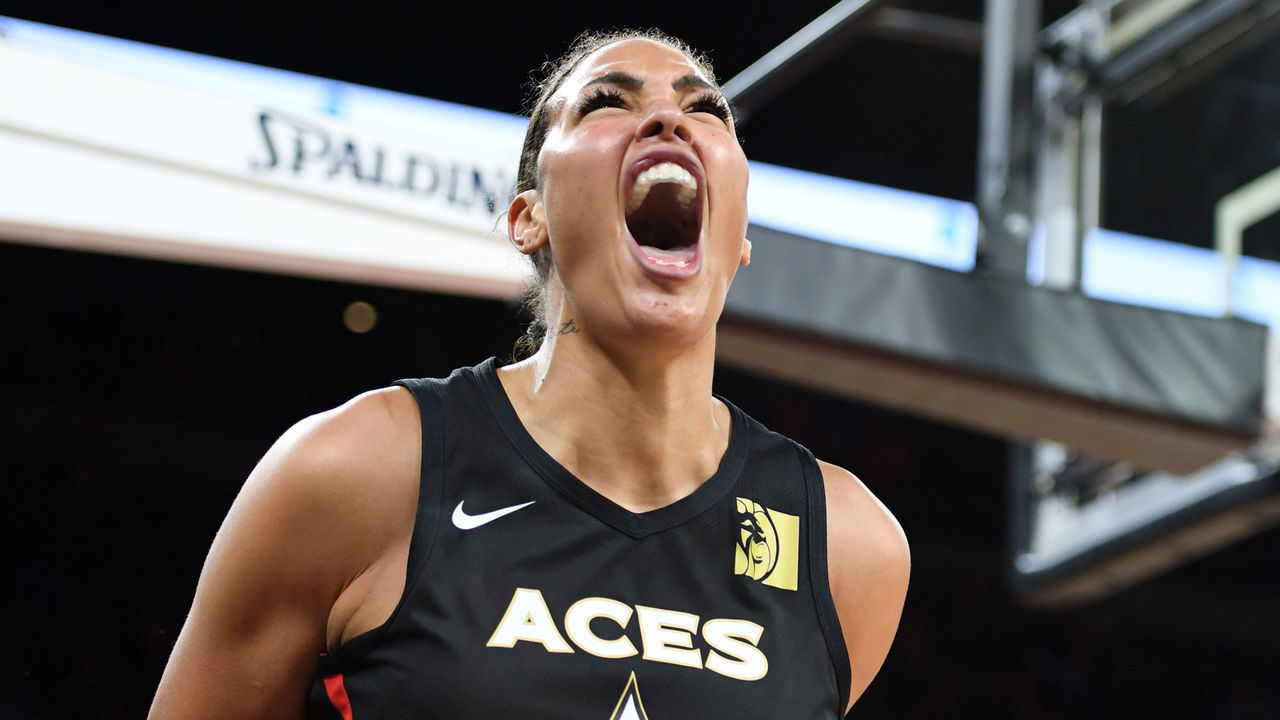 LAS VEGAS, NEVADA - AUGUST 11: Liz Cambage #8 of the Las Vegas Aces reacts after scoring a basket and getting a foul call against the Connecticut Sun during their game at the Mandalay Bay Events Center on August 11, 2019 in Las Vegas, Nevada. The Aces defeated the Sun 89-81.