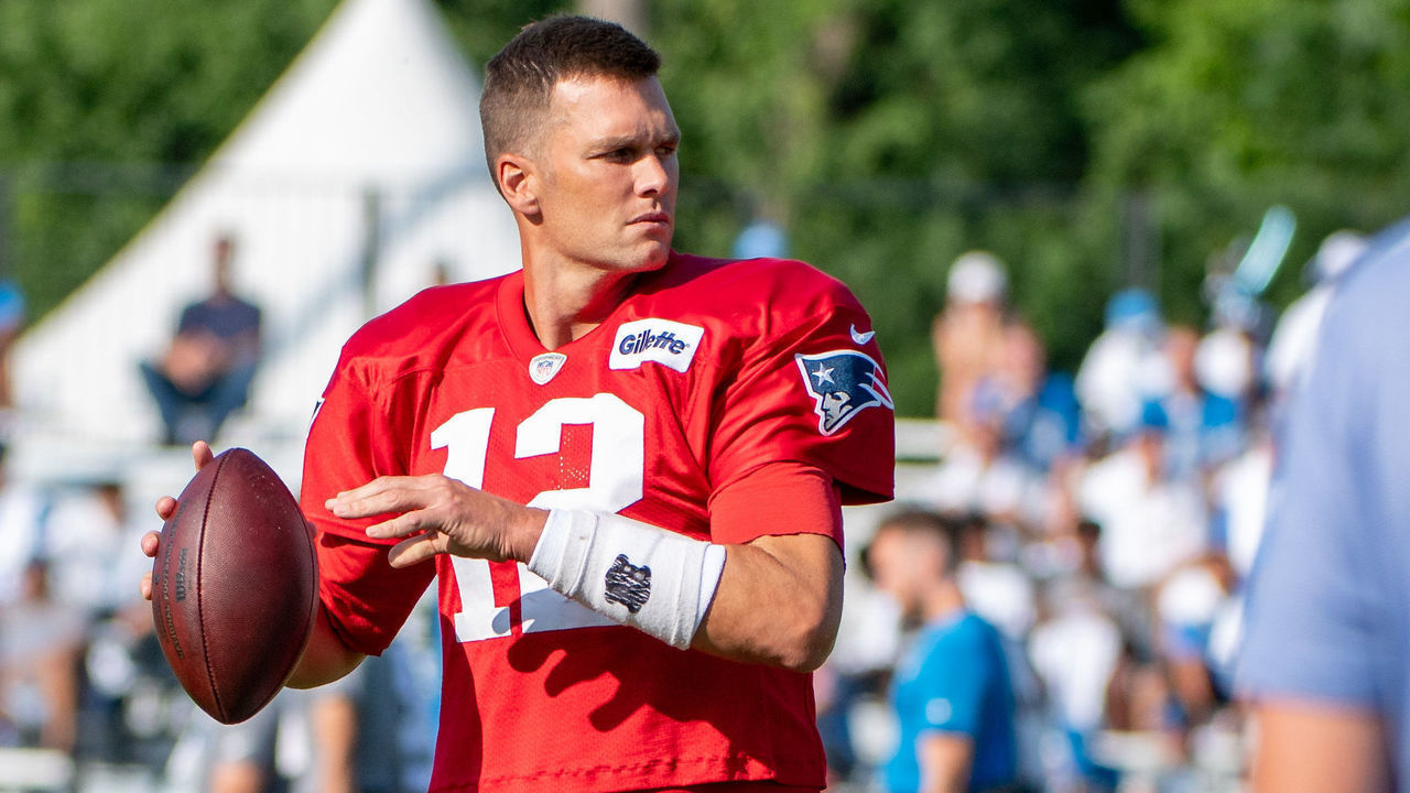 ALLEN PARK, MI - AUGUST 5: New England Patriots QB Tom Brady (12) during the Detroit Lions and New England Patriots joint training camp on August 5, 2019 at Detroit Lions Training Facilities in Allen Park, MI