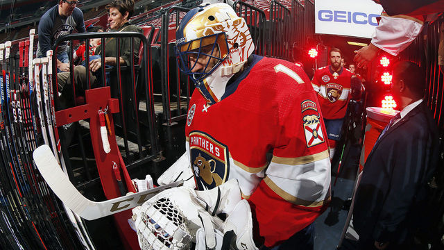 SUNRISE, FL - MARCH 21: Goaltender Roberto Luongo #1 of the Florida Panthers heads out to the ice with his teammates for warm ups prior to the start of the game against the Arizona Coyotes at the BB&T Center on March 21, 2019 in Sunrise, Florida.