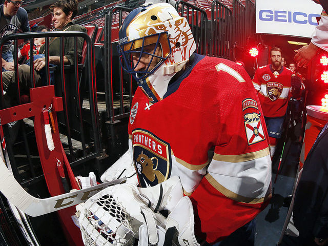 SUNRISE, FL - MARCH 21: Goaltender Roberto Luongo #1 of the Florida Panthers heads out to the ice with his teammates for warm ups prior to the start of the game against the Arizona Coyotes at the BB&T Center on March 21, 2019 in Sunrise, Florida.