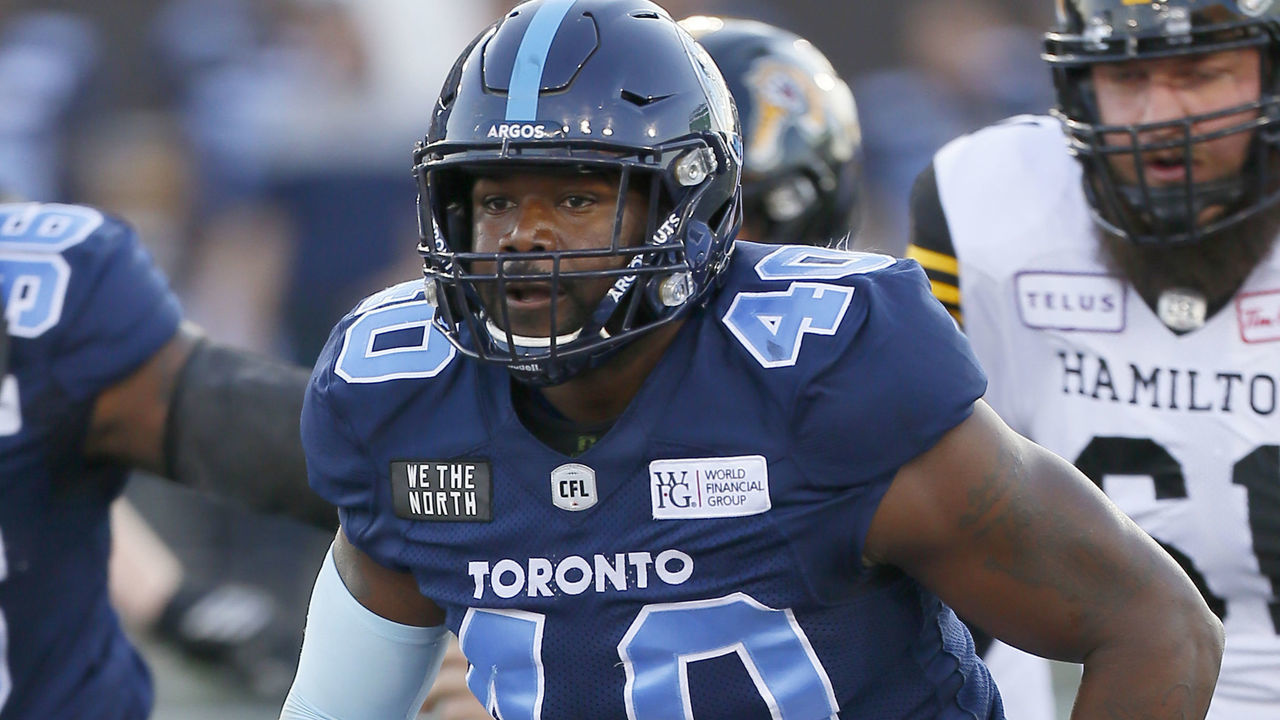 HAMILTON, ON - JUNE 06: Shawn Lemon #40 of the Toronto Argonauts pursues the play against the Hamilton Tiger-Cats during a pre-season game at Tim Hortons Field on June 6, 2019. Toronto defeated Hamilton 30-23.