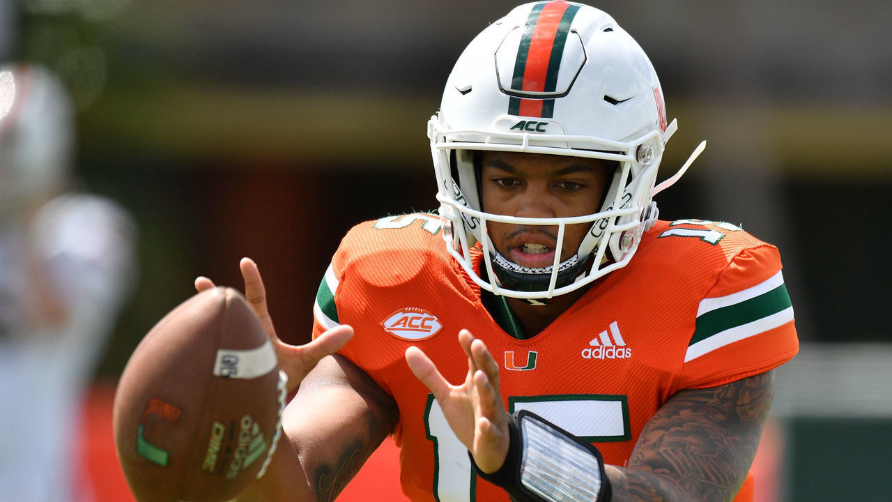 MIAMI, FL - APRIL 13: Jarren Williams #15 of the Miami Hurricanes in action during the annual Spring Game at Nathaniel Traz-Powell Stadium on April 13, 2019 in Miami, Florida.
