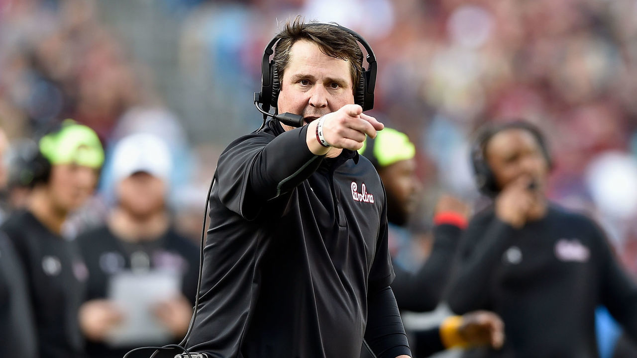 CHARLOTTE, NORTH CAROLINA - DECEMBER 29: Head coach Will Muschamp of the South Carolina Gamecocks directs his team against the Virginia Cavaliers during the Belk Bowl at Bank of America Stadium on December 29, 2018 in Charlotte, North Carolina. Virginia won 28-0.