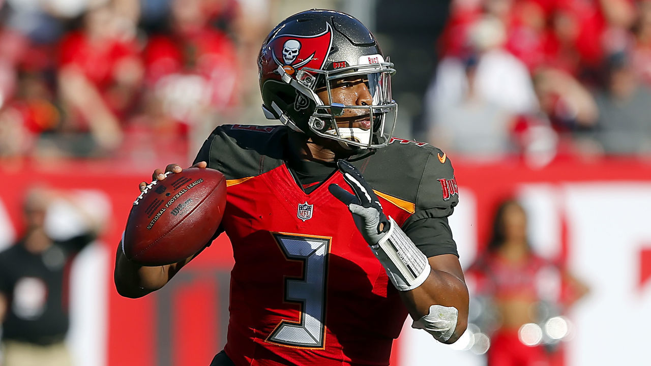 TAMPA, FL - DEC 30: Jameis Winston (3) of the Falcons looks for an open receiver during the regular season game between the Atlanta Falcons and the Tampa Bay Buccaneers on December 30, 2018 at Raymond James Stadium in Tampa, Florida.