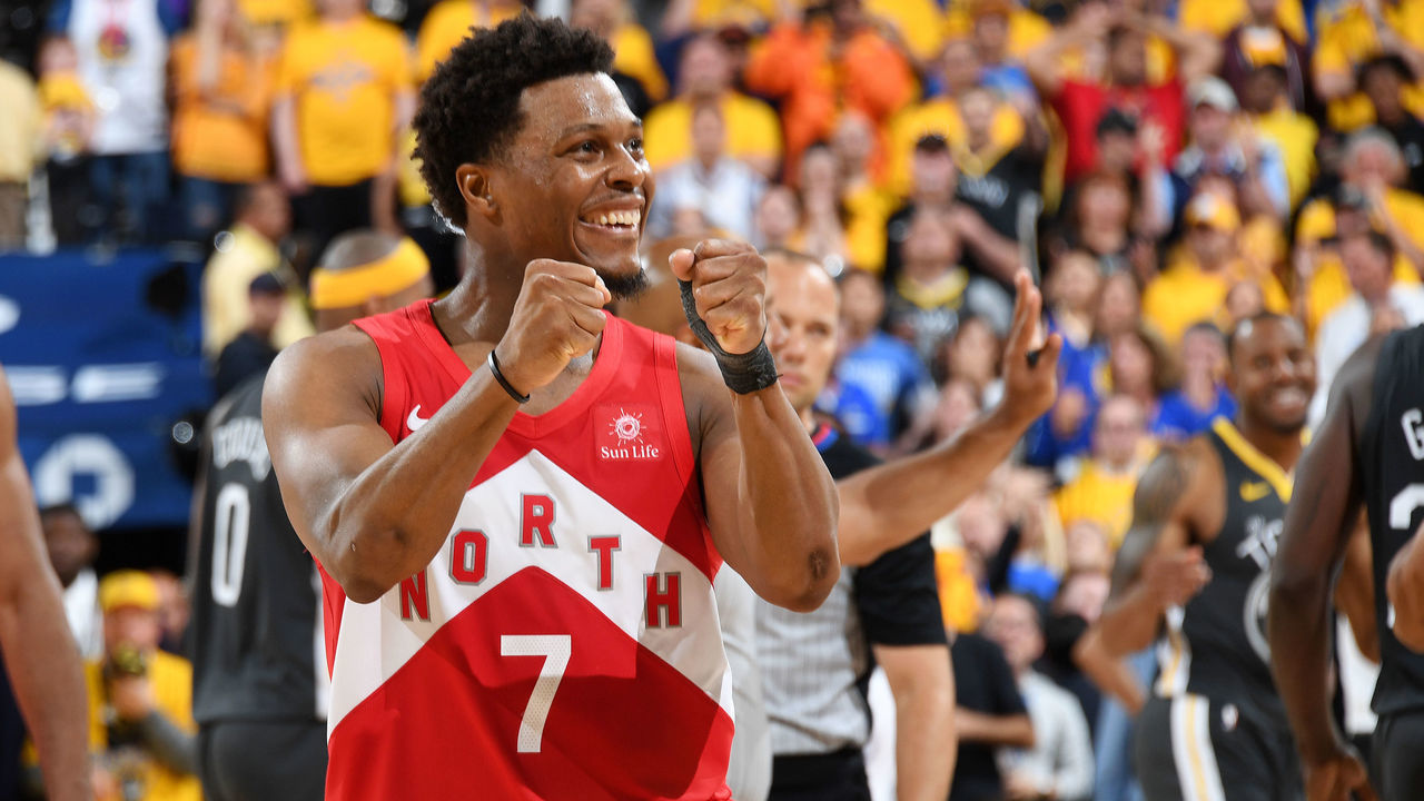 OAKLAND, CA - JUNE 13: Kyle Lowry #7 of the Toronto Raptors celebrates during Game Six of the NBA Finals against the Golden State Warriors on June 13, 2019 at ORACLE Arena in Oakland, California. NOTE TO USER: User expressly acknowledges and agrees that, by downloading and/or using this photograph, user is consenting to the terms and conditions of Getty Images License Agreement. Mandatory Copyright Notice: Copyright 2019 NBAE