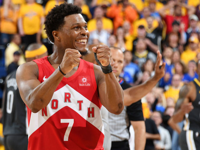 OAKLAND, CA - JUNE 13: Kyle Lowry #7 of the Toronto Raptors celebrates during Game Six of the NBA Finals against the Golden State Warriors on June 13, 2019 at ORACLE Arena in Oakland, California. NOTE TO USER: User expressly acknowledges and agrees that, by downloading and/or using this photograph, user is consenting to the terms and conditions of Getty Images License Agreement. Mandatory Copyright Notice: Copyright 2019 NBAE