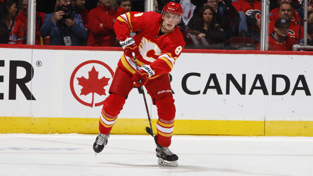 CALGARY, AB - APRIL 19: Juuso Valimaki #8 of the Calgary Flames skates against the Colorado Avalanche in Game Five of the Western Conference First Round during the 2019 NHL Stanley Cup Playoffs on April 19, 2019 at the Scotiabank Saddledome in Calgary, Alberta, Canada. "n