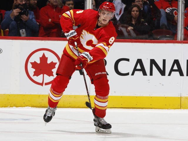 CALGARY, AB - APRIL 19: Juuso Valimaki #8 of the Calgary Flames skates against the Colorado Avalanche in Game Five of the Western Conference First Round during the 2019 NHL Stanley Cup Playoffs on April 19, 2019 at the Scotiabank Saddledome in Calgary, Alberta, Canada. "n