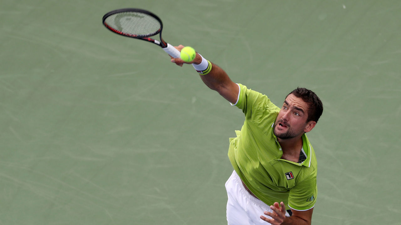 MASON, OHIO - AUGUST 12: Marin Cilic of Croatia serves to Radu Albot of Moldova during Day 3 of the Western and Southern Open at Lindner Family Tennis Center on August 12, 2019 in Mason, Ohio.