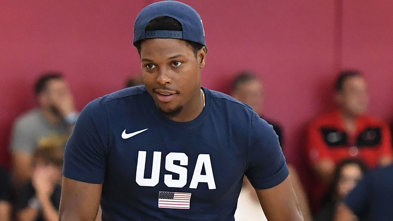 LAS VEGAS, NV - AUGUST 07: Marucs Smart, and Kyle Lowry are seen talking to each other during practice at Mendenhall Center on the University of Nevada, Las Vegas campus on August 07, 2019 in Las Vegas Nevada. NOTE TO USER: User expressly acknowledges and agrees that, by downloading and/or using this Photograph, user is consenting to the terms and conditions of the Getty Images License Agreement. Mandatory Copyright Notice: Copyright 2019 NBAE