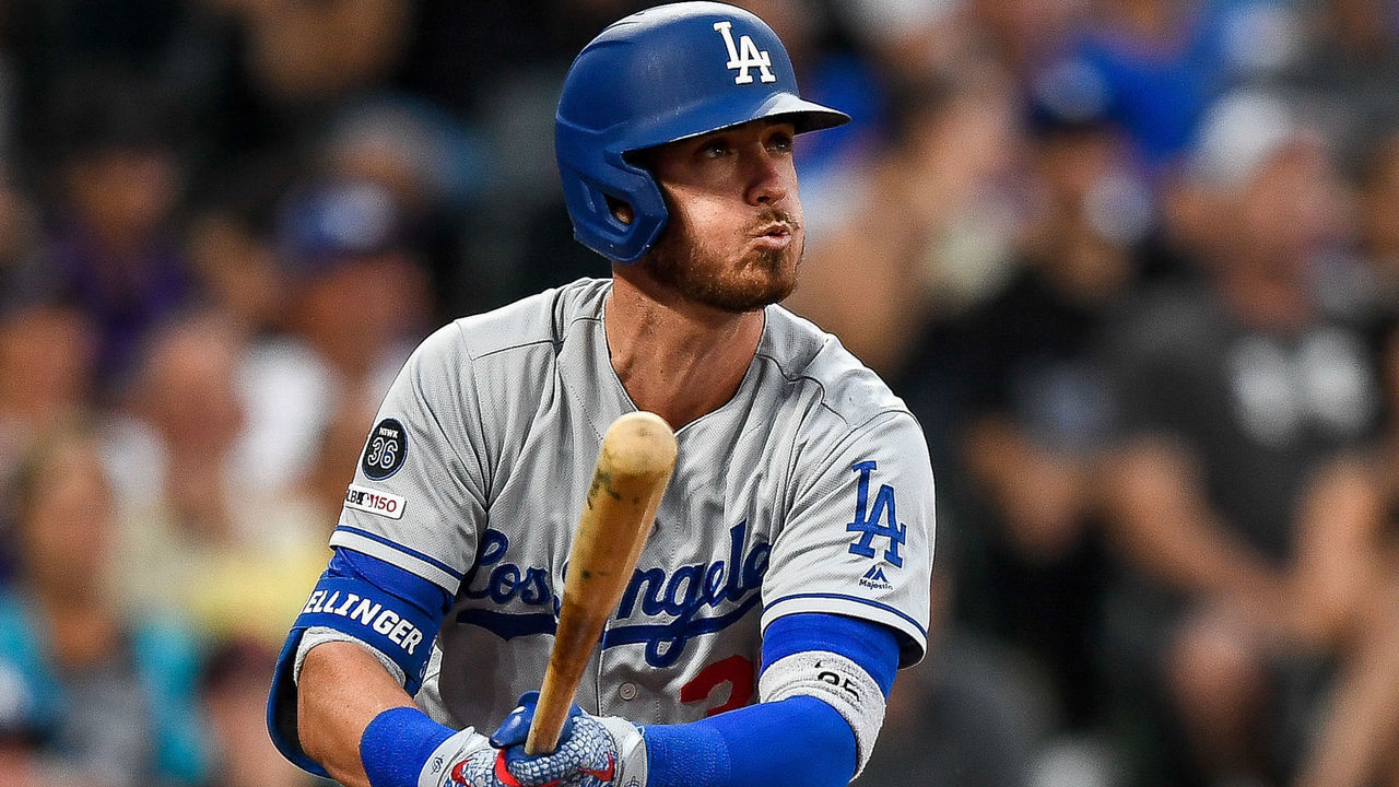 DENVER, CO - JULY 30: Los Angeles Dodgers right fielder Cody Bellinger (35) watches the flight of a third inning double against the Colorado Rockies during a regular season Major League Baseball game on July 30, 2019 at Coors Field in Denver, Colorado.