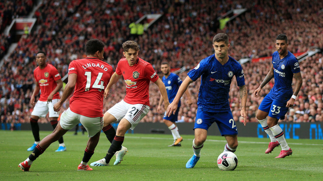 MANCHESTER, ENGLAND - AUGUST 11: Christian Pulisic of Chelsea in action during the Premier League match between Manchester United and Chelsea at Old Trafford on August 11, 2019 in Manchester, United Kingdom.