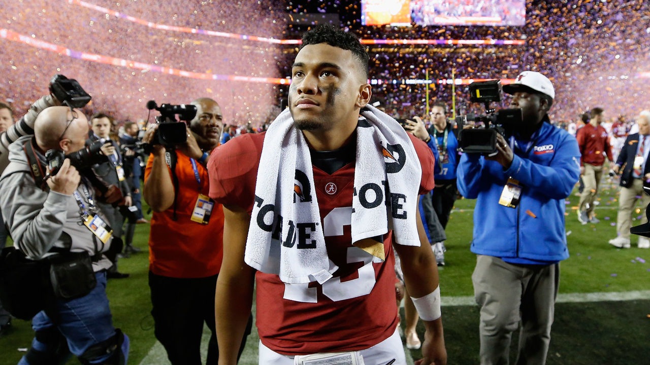 SANTA CLARA, CA - JANUARY 07: Tua Tagovailoa #13 of the Alabama Crimson Tide walks off the field after his teams 44-16 loss to the Clemson Tigers in the CFP National Championship presented by AT&T at Levi's Stadium on January 7, 2019 in Santa Clara, California.