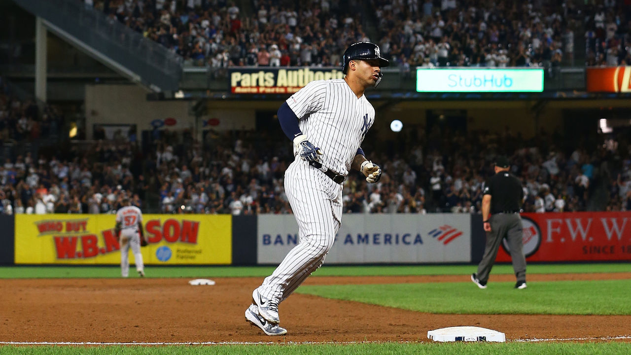 NEW YORK, NEW YORK - AUGUST 12: Gleyber Torres #25 of the New York Yankees rounds third base after hitting a 3-run home run in the fifth inning against the Baltimore Orioles at Yankee Stadium on August 12, 2019 in New York City.