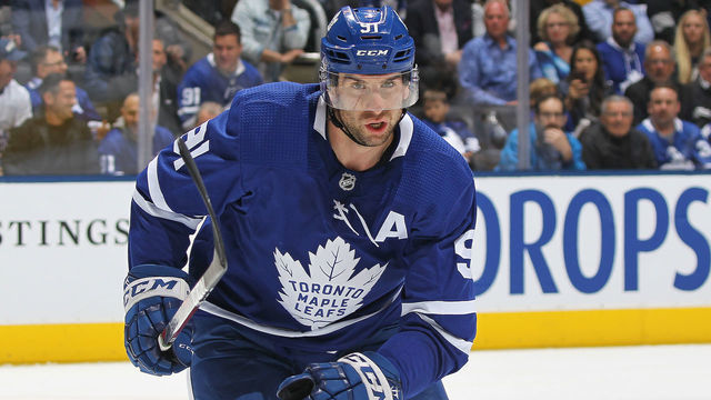 TORONTO, ON - APRIL 17: John Tavares #91 of the Toronto Maple Leafs skates against the Boston Bruins in Game Four of the Eastern Conference First Round during the 2019 NHL Stanley Cup Playoffs at Scotiabank Arena on April 17, 2019 in Toronto, Ontario, Canada. The Bruins defeated the Maple Leafs 6-4.