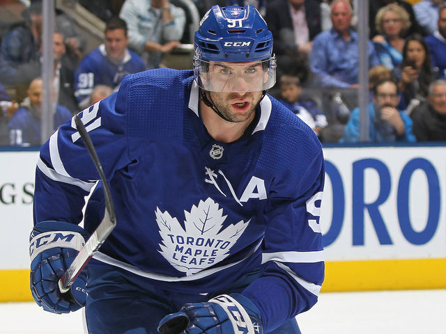 TORONTO, ON - APRIL 17: John Tavares #91 of the Toronto Maple Leafs skates against the Boston Bruins in Game Four of the Eastern Conference First Round during the 2019 NHL Stanley Cup Playoffs at Scotiabank Arena on April 17, 2019 in Toronto, Ontario, Canada. The Bruins defeated the Maple Leafs 6-4.