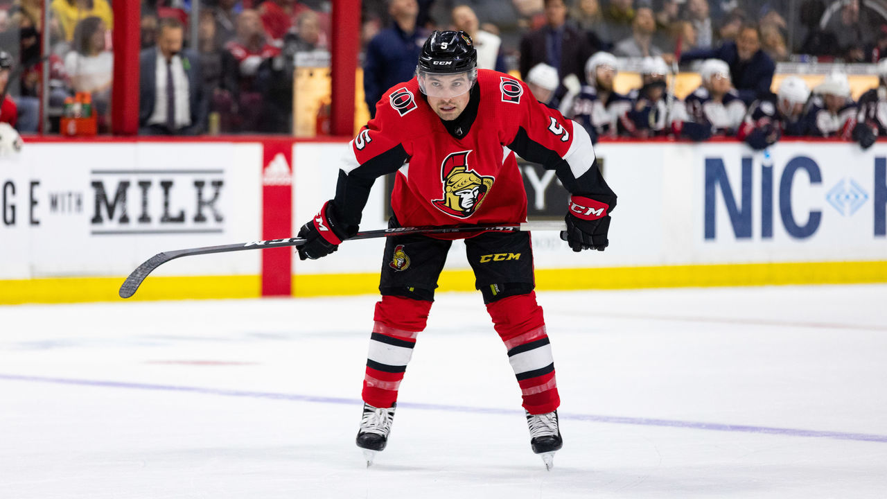 OTTAWA, ON - APRIL 06: Ottawa Senators Defenceman Cody Ceci (5) waits for a face-off during second period National Hockey League action between the Columbus Blue Jackets and Ottawa Senators on April 6, 2019, at Canadian Tire Centre in Ottawa, ON, Canada.