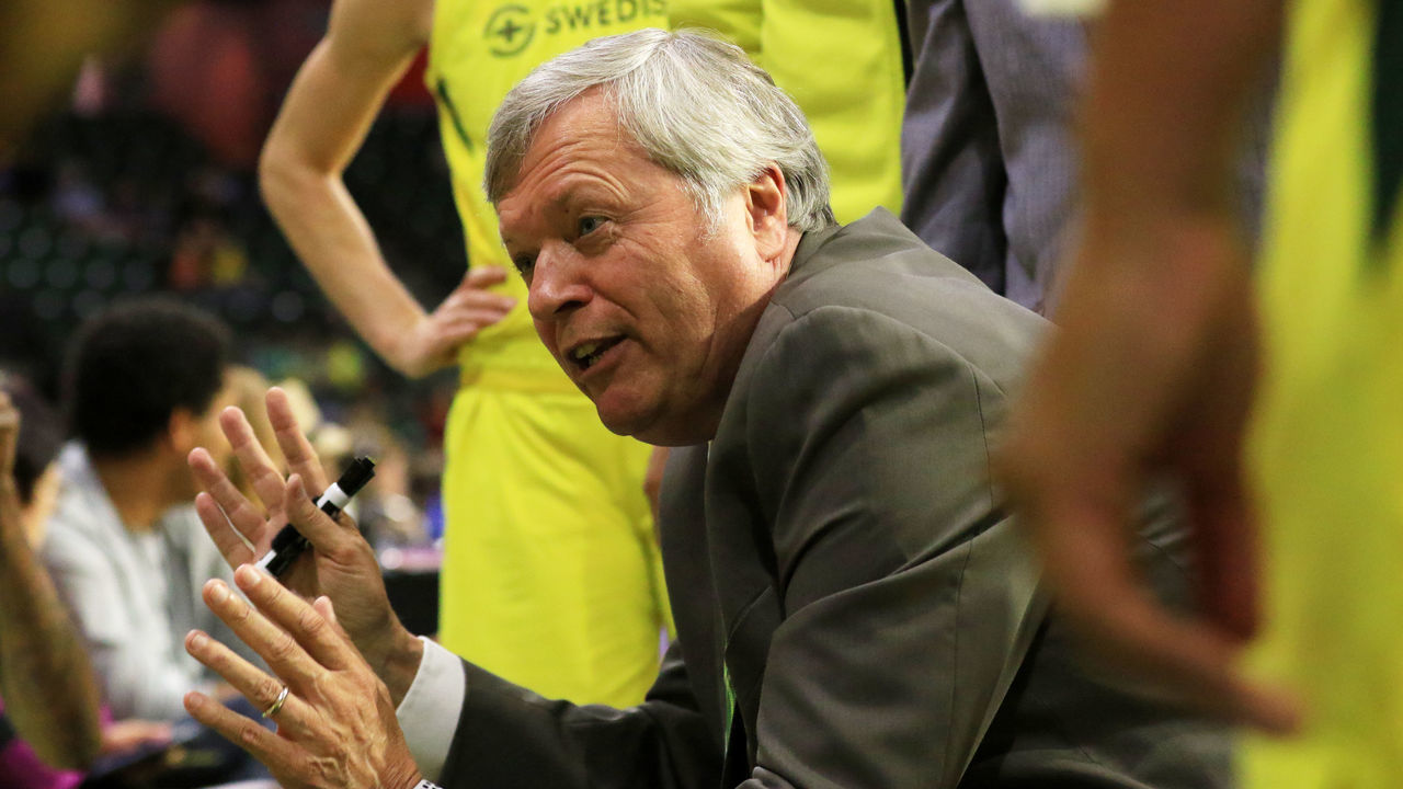 EVERETT, WA - JUNE 21: Head Coach Dan Hughes of Seattle Storm coaches during a game against the Los Angeles Sparks on June 21, 2019 at the Angel of the Winds Arena, in Everett, Washington. Mandatory Copyright Notice: Copyright 2019 NBAE