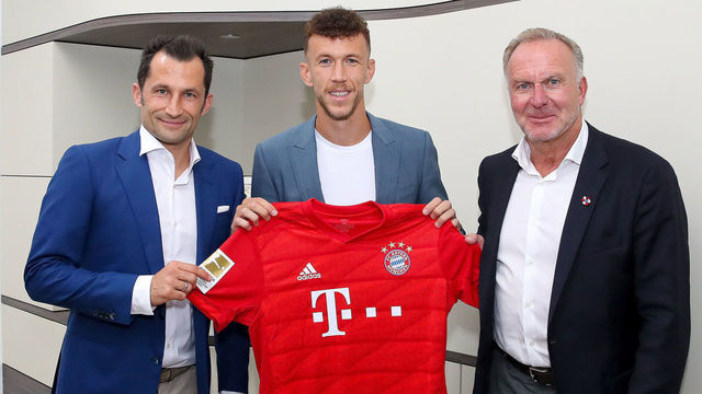 MUNICH, GERMANY - AUGUST 13: (EXCLUSIVE COVERAGE) FC Bayern Muenchen chairman of the board Karl-Heinz Rummenigge (L) FC Bayern Muenchen sport manager Hasan Salihamidzic (R) and newly signed player Ivan Perisic (C) pose for a picture at Saebener Strasse training ground on August 13, 2019 in Munich, Germany.