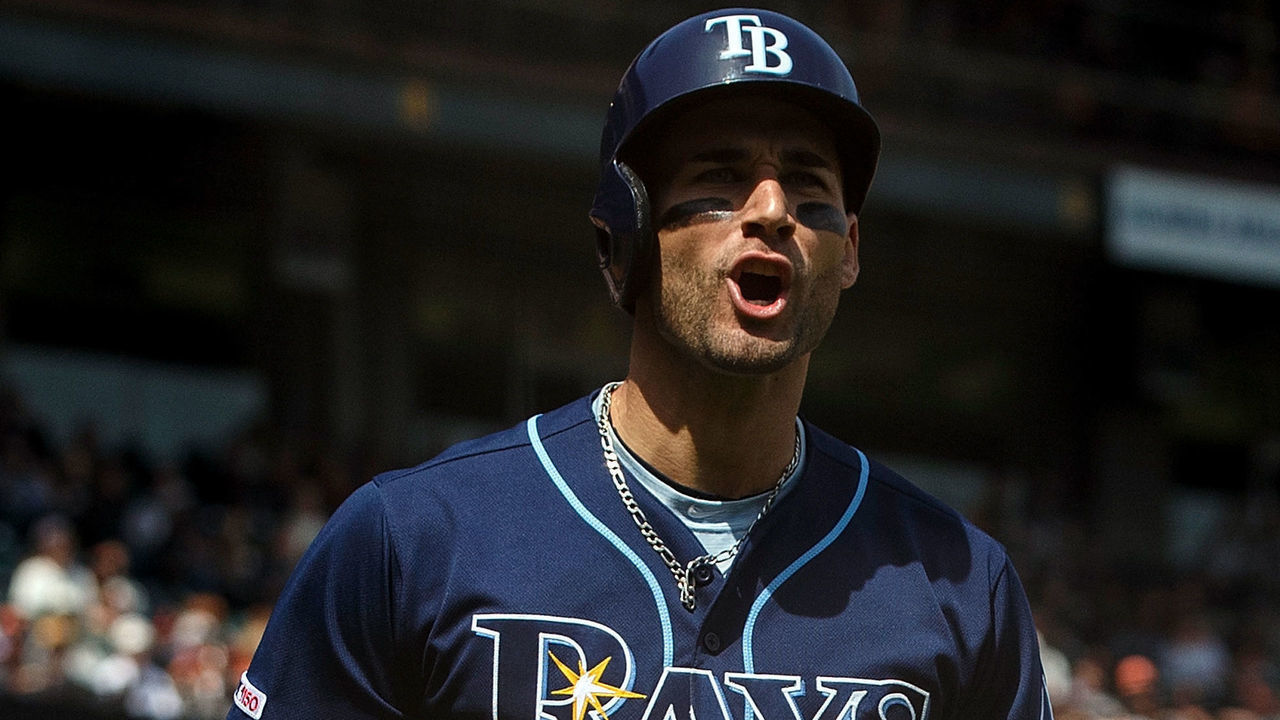 SAN FRANCISCO, CA - APRIL 07: Kevin Kiermaier #39 of the Tampa Bay Rays celebrates after scoring a run against the San Francisco Giants during the fourth inning at Oracle Park on April 7, 2019 in San Francisco, California. The Tampa Bay Rays defeated the San Francisco Giants 3-0.
