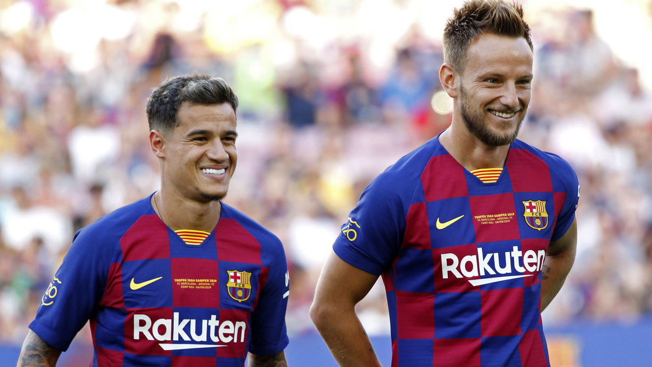 Philippe Coutinho and Ivan Rakitic during the presentation of the team 2019-20 before the match between FC Barcelona and Arsenal FC, corresponding to the Joan Gamper trophy, played at the Camp Nou, on 04th August, 2019, in Barcelona, Spain.