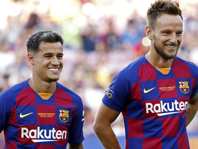 Philippe Coutinho and Ivan Rakitic during the presentation of the team 2019-20 before the match between FC Barcelona and Arsenal FC, corresponding to the Joan Gamper trophy, played at the Camp Nou, on 04th August, 2019, in Barcelona, Spain.
