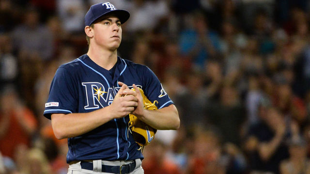 BOSTON, MA - AUGUST 1: Brendan McKay #49 of the Tampa Bay Rays reacts after giving up a home run against the Boston Red Sox in the fifth inning at Fenway Park on August 1, 2019 in Boston, Massachusetts.