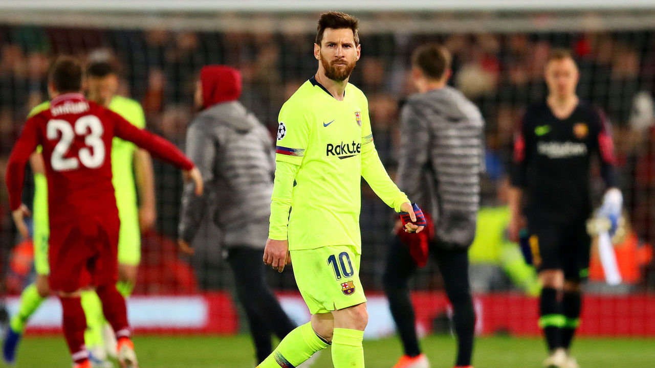LIVERPOOL, ENGLAND - MAY 07: Lionel Messi of FC Barcelona looks dejected after the UEFA Champions League Semi Final second leg match between Liverpool and Barcelona at Anfield on May 07, 2019 in Liverpool, England.