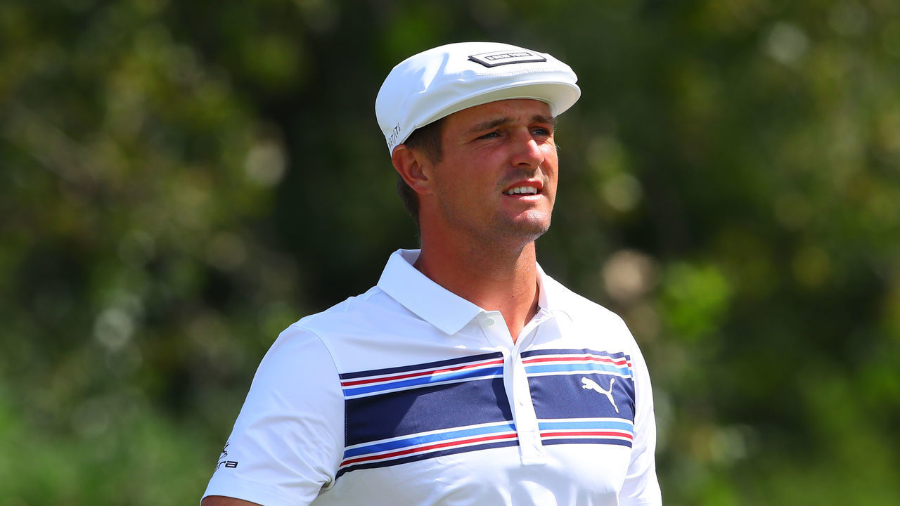 JERSEY CITY, NJ - AUGUST 11: Bryson DeChambeau on the 16th tee during THE NORTHERN TRUST golf tournament on August 11, 2019 at Liberty National Golf Club in Jersey City, NJ.