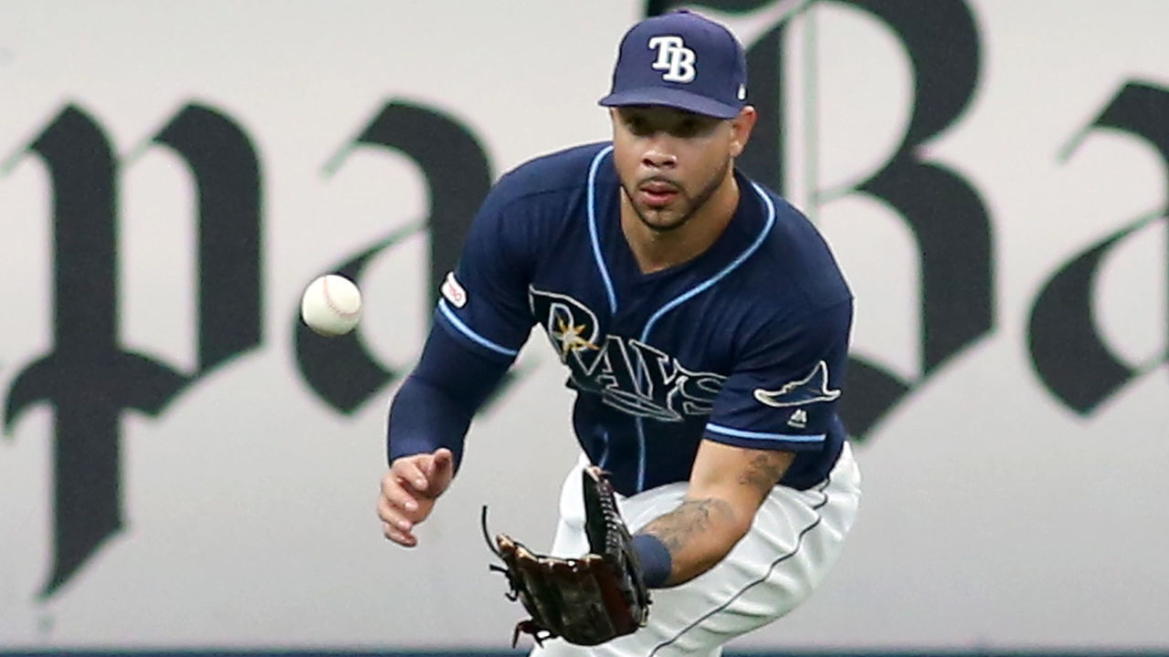 ST. PETERSBURG, FL - AUG 07: Tommy Pham (29) of the Rays fields a single to left field during the MLB regular season game between the Toronto Blue Jays and the Tampa Bay Rays on August 07, 2019, at Tropicana Field in St. Petersburg, FL.