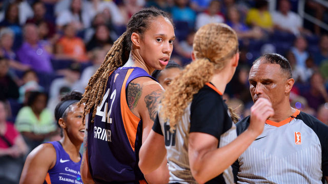 PHOENIX, AZ- AUGUST 10: Brittney Griner #42 of the Phoenix Mercury looks on during the game against the Dallas Wings on August 10, 2019 at the Talking Stick Resort Arena, in Phoenix, Arizona. Mandatory Copyright Notice: Copyright 2019 NBAE
