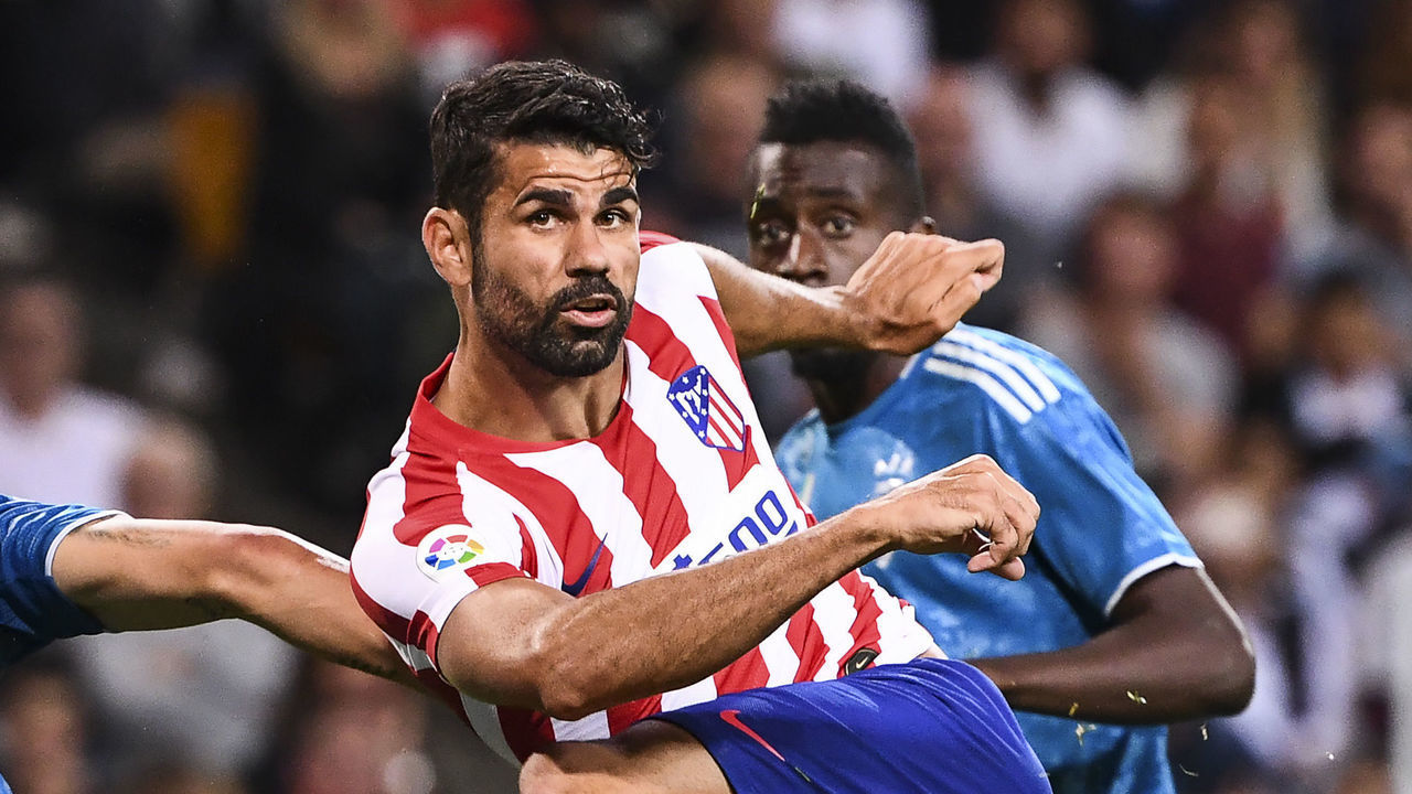 Atletico Madrid's forward Diego Costa shoots the ball during the International Champions Cup football match between Atletico Madrid v Juventus on August 10, 2019 in Solna outside Stockholm, Sweden.