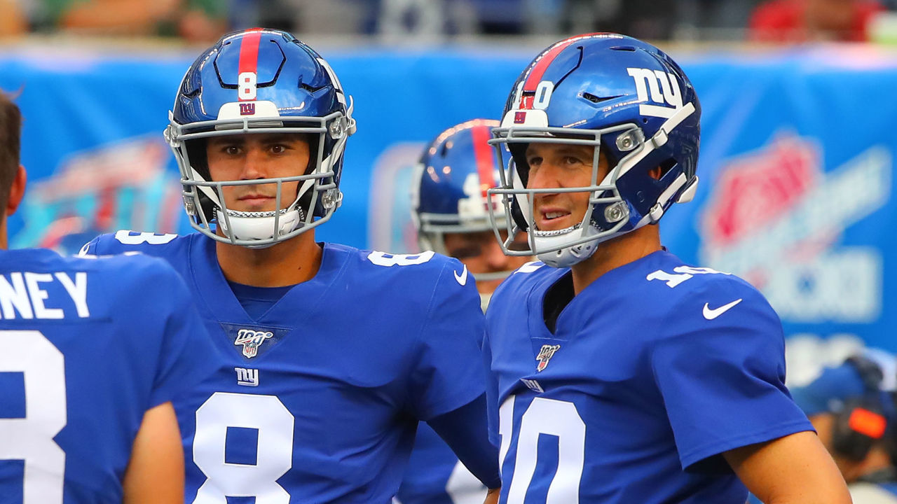 EAST RUTHERFORD, NJ - AUGUST 08: New York Giants quarterback Daniel Jones (8) amd New York Giants quarterback Eli Manning (10) prior to the National Football League pre-season football game between the New York Giants and the New York Jets on August 8, 2019 at MetLife Stadium in East Rutherford, NJ.