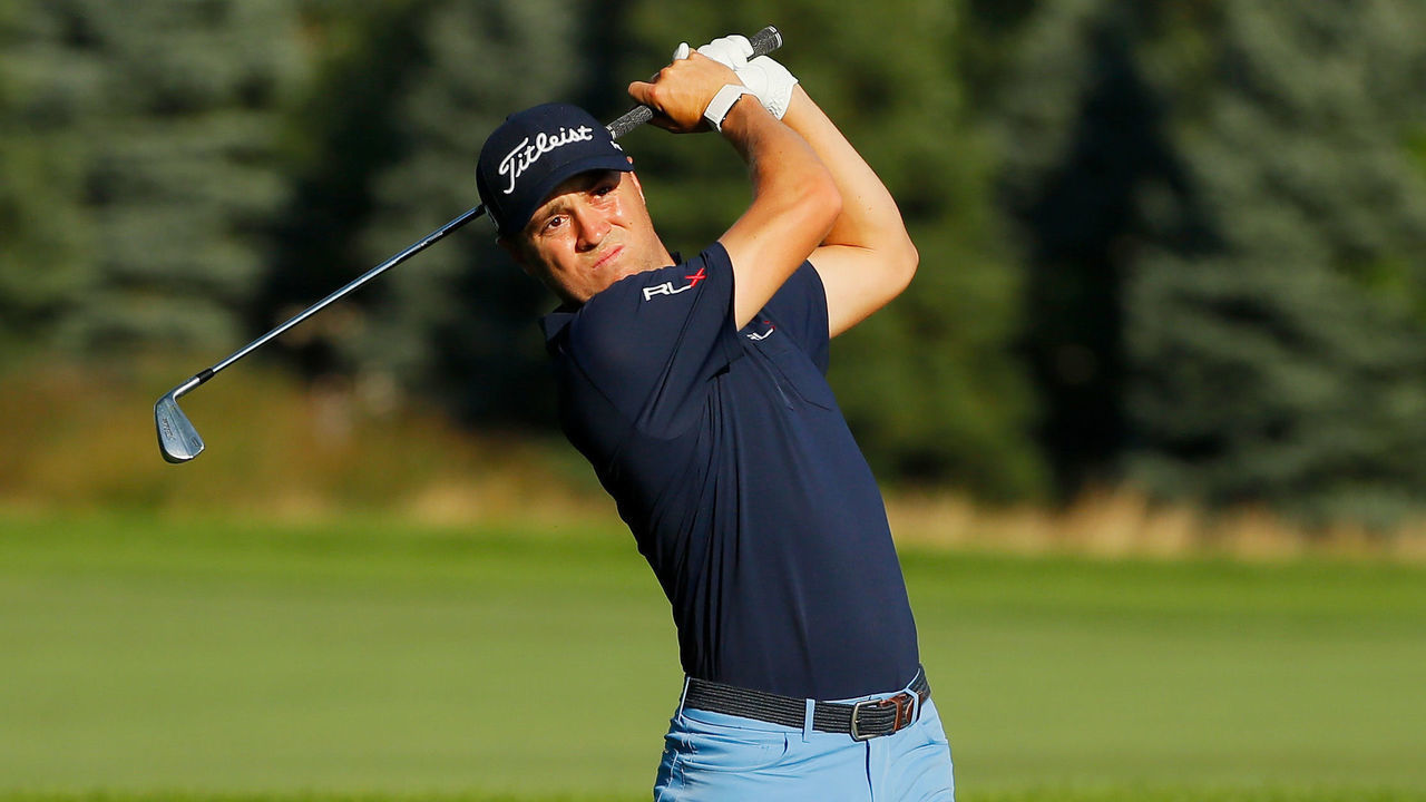 JERSEY CITY, NEW JERSEY - AUGUST 09: Justin Thomas of the United States plays a shot on the tenth hole during the second round of The Northern Trust at Liberty National Golf Club on August 09, 2019 in Jersey City, New Jersey.